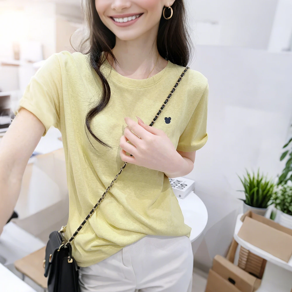 雪花棉简约透气夏季薄款宽松圆领短袖拼接刺绣T恤衫百搭显瘦上衣