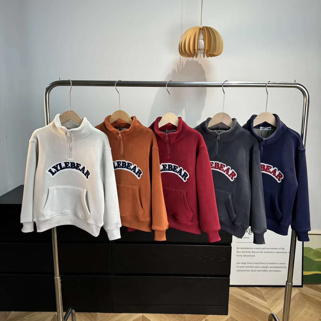 立领贴布字母加绒冬季新款年服卫衣拜年服男女童运动保暖绒衣6317