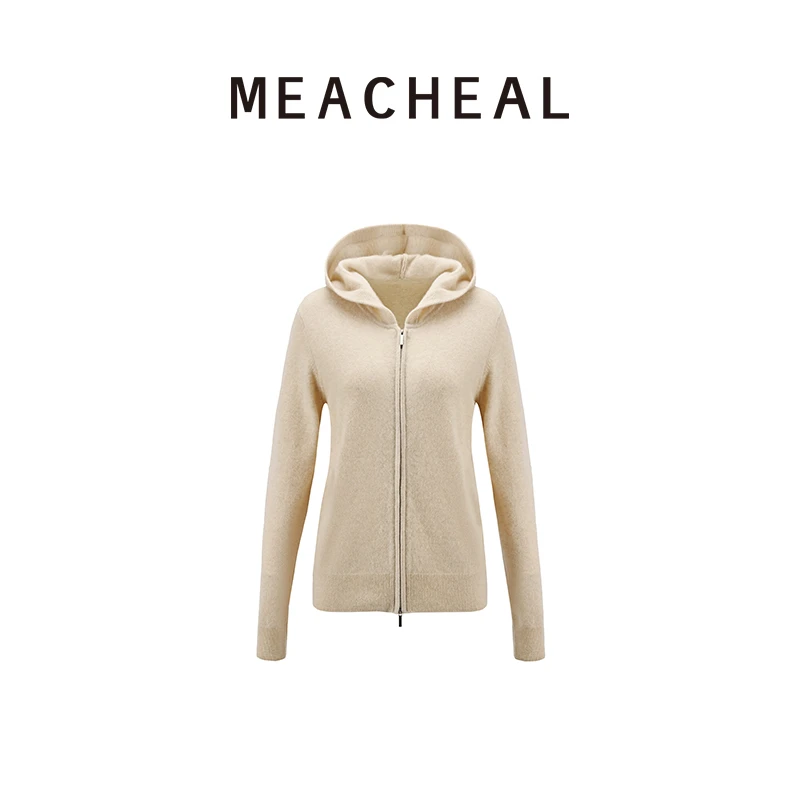 MEACHEAL米茜尔流沙色山羊绒连帽拉链外套卫衣