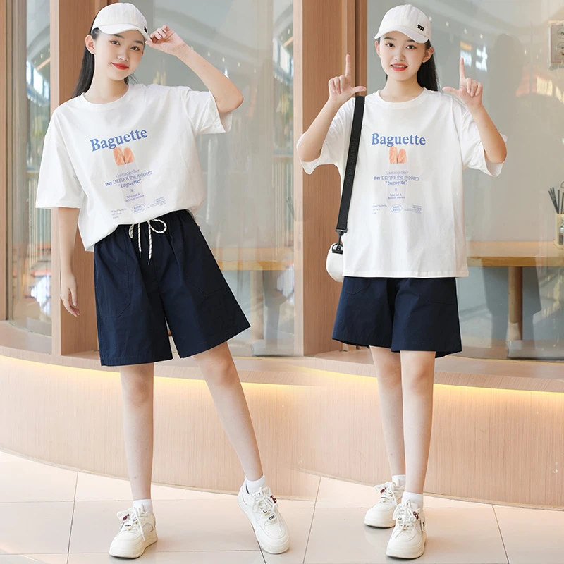 女大童夏装2025新款青少年初高中学生圆领T恤短裤休闲穿搭