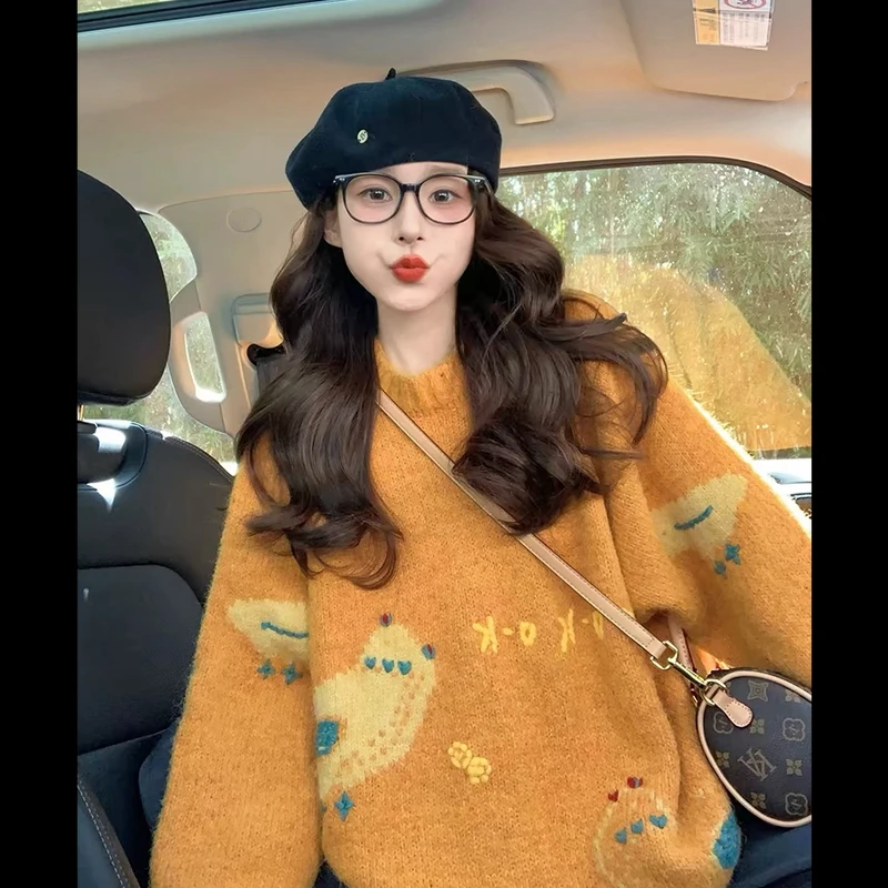 韩系可爱卡通减龄加厚软糯慵懒风复古针织毛衣ZX 8002#