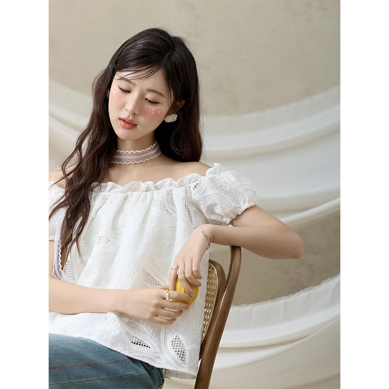 【粉丝专享】谜秀立体花卉刺绣衬衫法式一字肩A字小衫MXE35X1775
