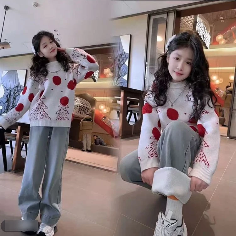 女童毛衣加厚冬季新款洋气针织衫小女孩中大童加绒牛仔阔腿裤套装