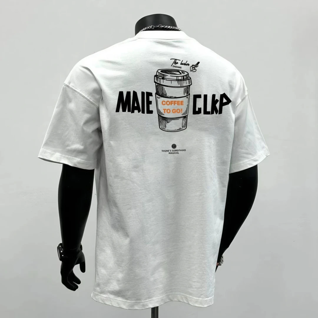 爆款重磅纯棉260G不透潮流休闲百搭咖啡印花时尚T恤上衣短袖男t恤