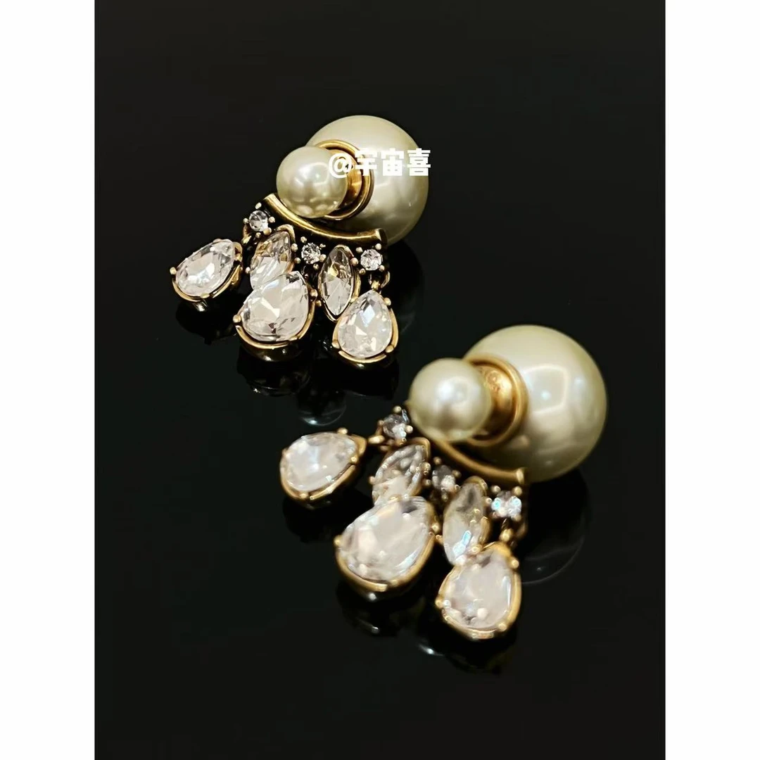 黄铜锆石耳饰 C5-134【黄铜开口笑水滴锆石流苏前后耳钉】