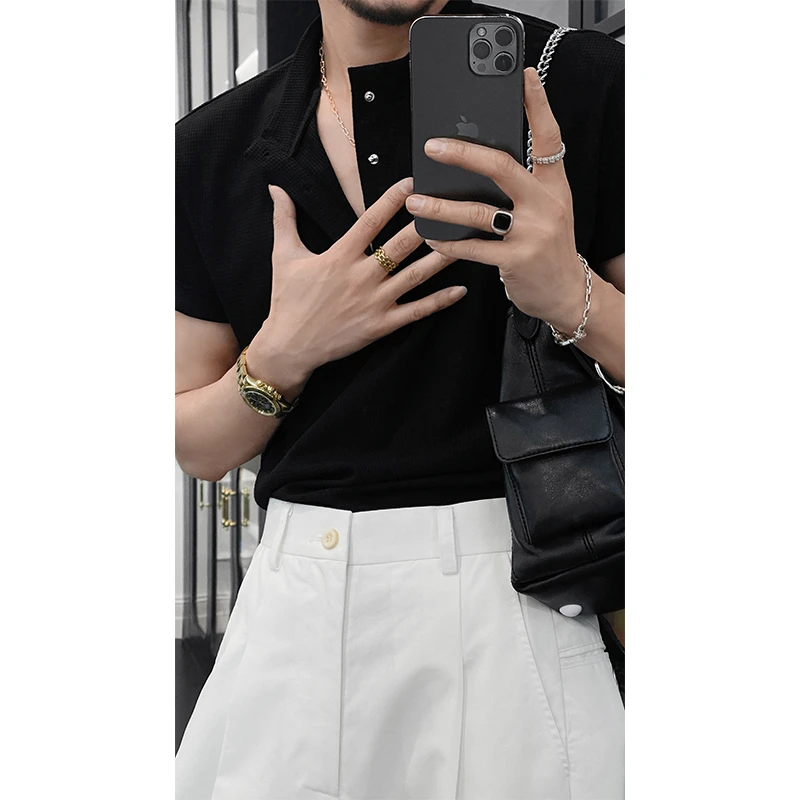 龙叨叨2025夏季新品高级感亨利领简约短袖T恤男百搭休闲纯色上衣