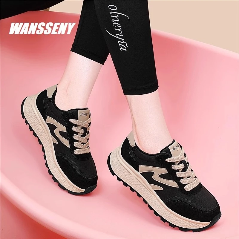 WANSSENY2025年冬季新款真皮加绒阿甘运动鞋休闲老爹鞋轻便旅游鞋