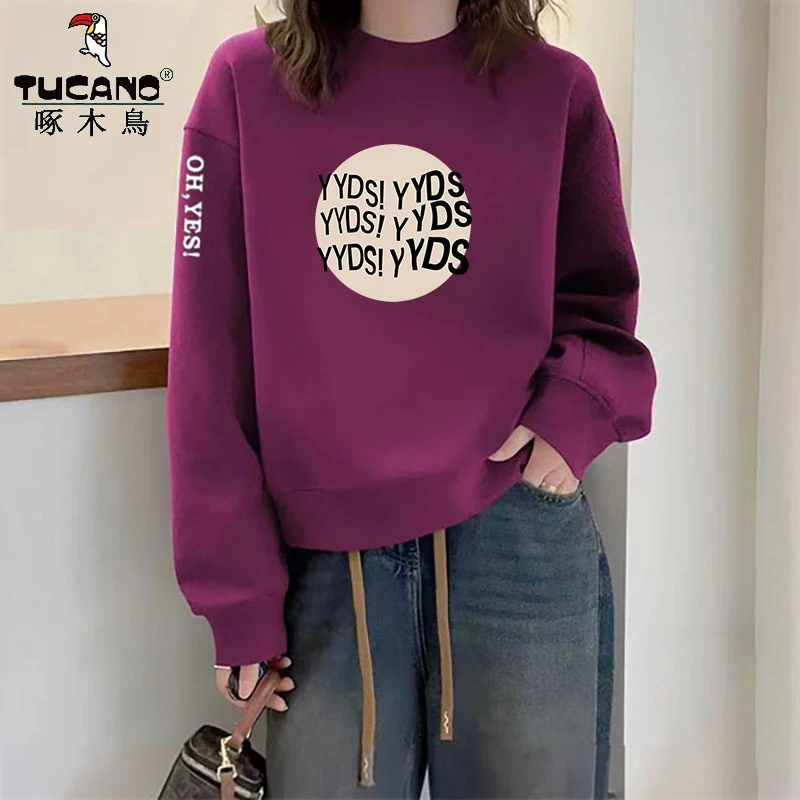 啄木鸟纯棉简约高级美式设计感上衣春秋款百搭休闲美式加绒卫衣女