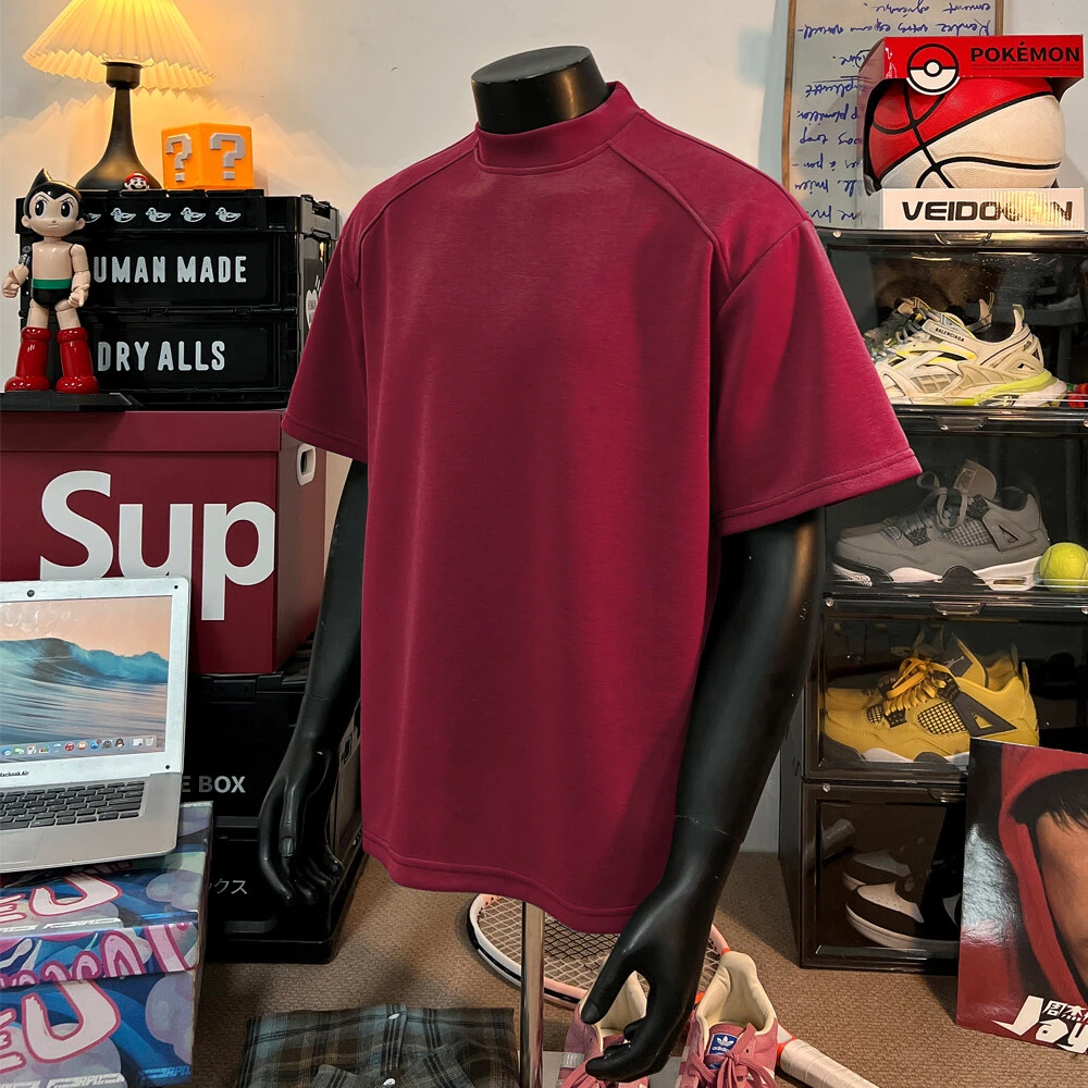 vintage酒红色半高领短袖t恤男款夏季美式cleanfit穿搭基础款体恤