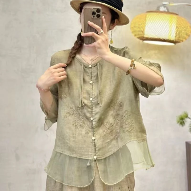 【100苎麻】夏季显瘦女士刺绣衬衫休闲衬衣气质休闲百搭HG-7039