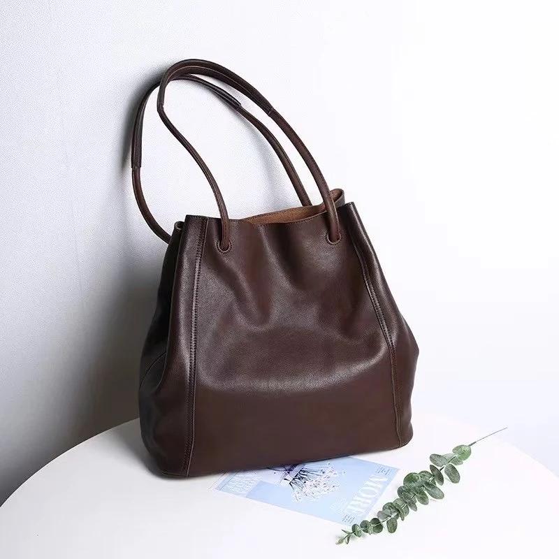 高级感托特包女真皮复古通勤大包大容量子母包头层牛皮单肩斜挎包