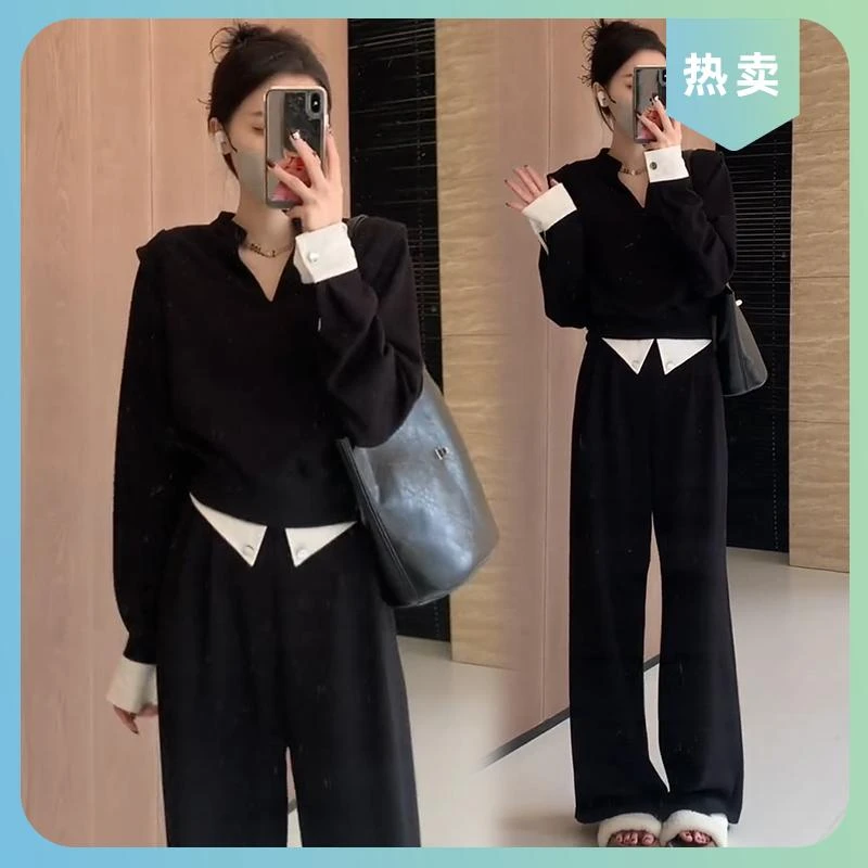 韩系V领拼接撞色长袖上衣高腰直筒休闲长裤女春秋时尚气质两件套