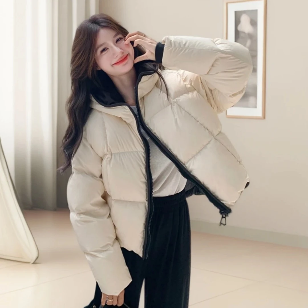 短款泡芙撞色棉服外套女冬季2025年新款独特超好看连帽面包服加厚