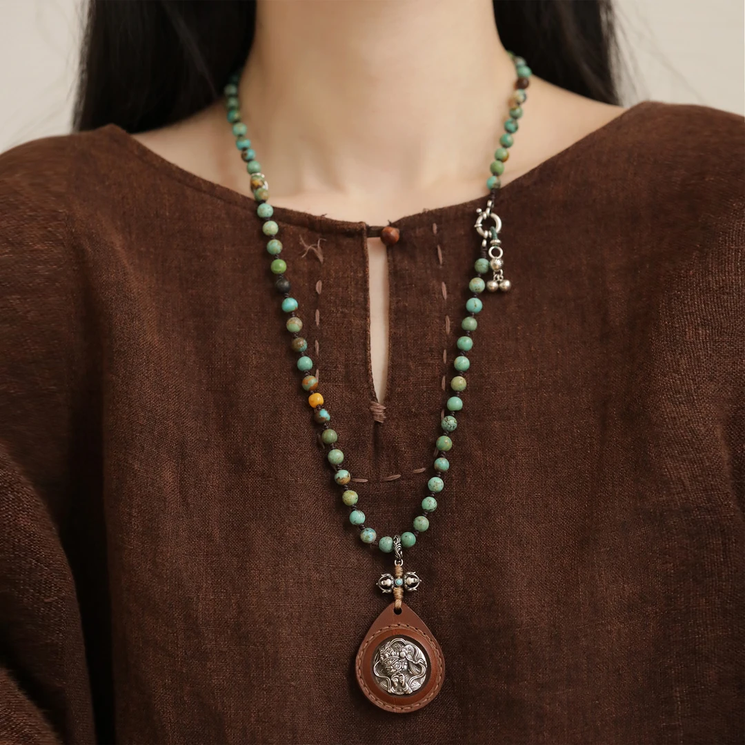 链子925银 大头姐N17910 吉字方牌葫芦铃铛绿珠项链