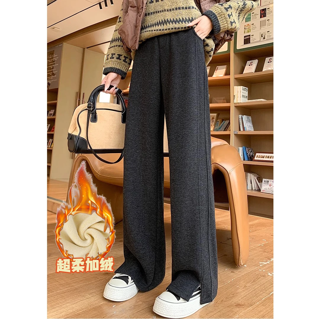 加绒加厚人字纹保暖阔腿裤女2024冬季新款时尚休闲开叉显瘦直筒裤