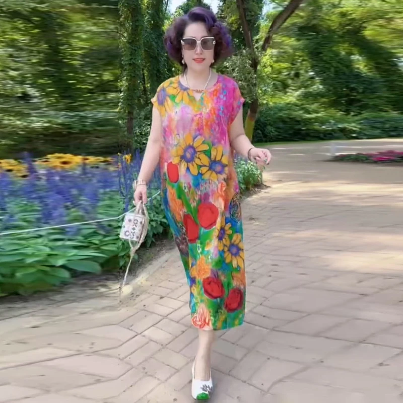 709夏季新款时尚双绉连衣裙气质洋气妈妈减龄宽松大码花色长裙子