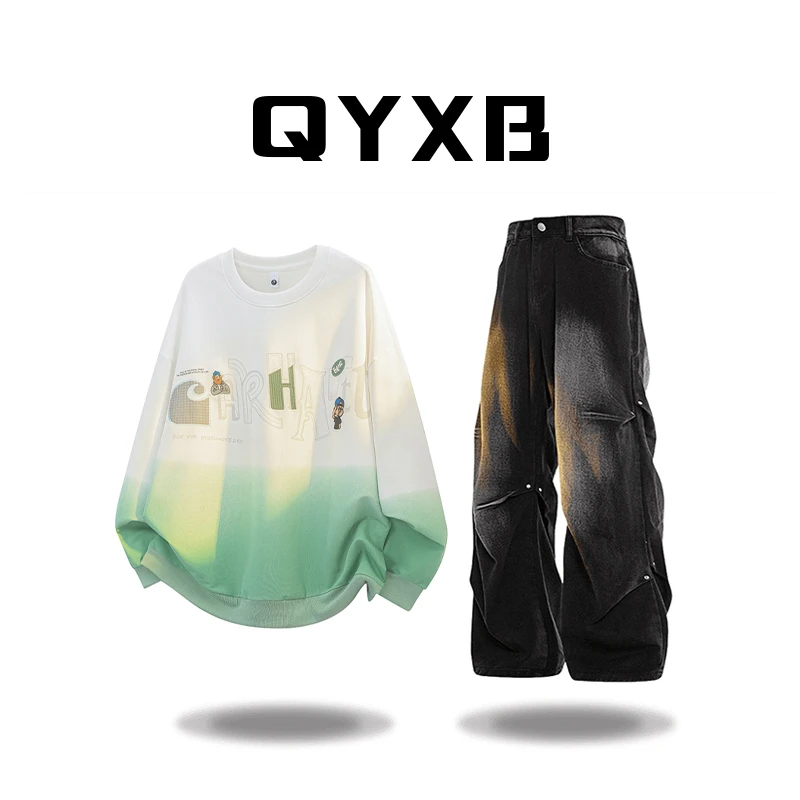 【品牌正品现货】QYXB渐变色打底衫圆领宽松时尚百搭长袖休闲上衣男