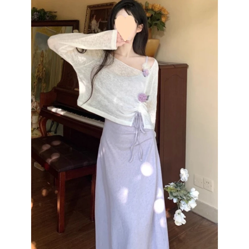 外搭1Q春夏吊带裙罩衫胖连衣裙立体套装超好看花朵紫色显瘦