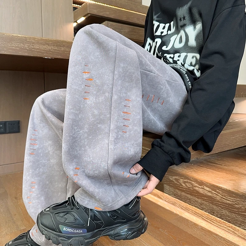 cleanfit破洞长裤男春秋季美式扎染直筒休闲裤子男痞帅宽松阔腿裤