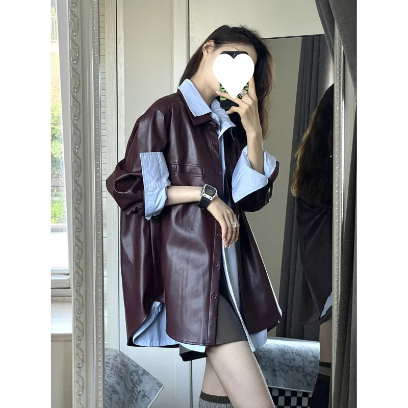 葡萄紫PU皮衣中长款外套女2025年春秋季时尚新款复古夹克百搭衬衫