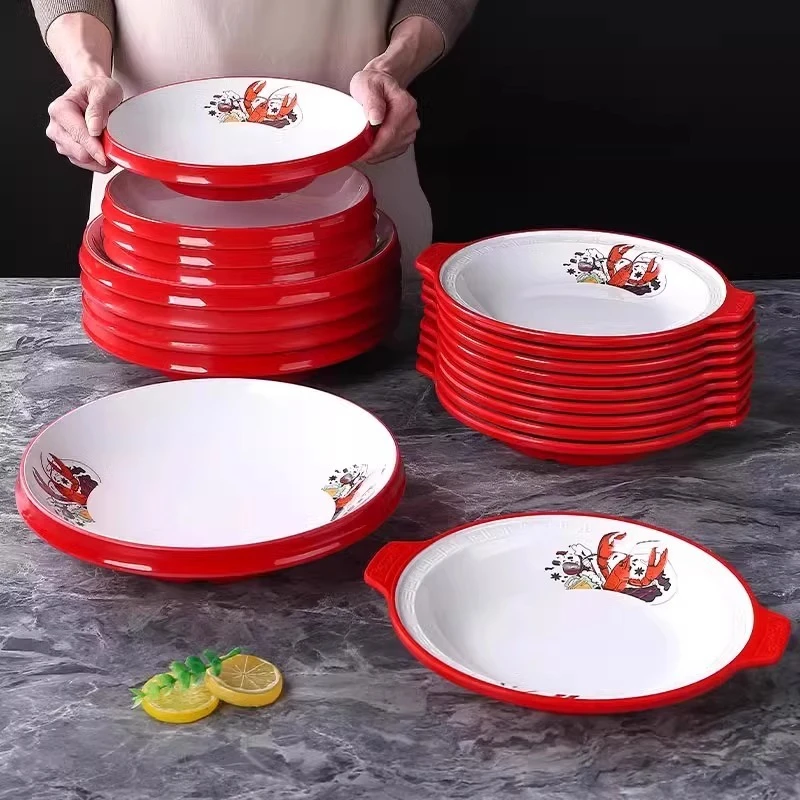 网红密胺创意餐具饭店烧烤小龙虾圆盘专用麻辣香锅特色双耳大盘子