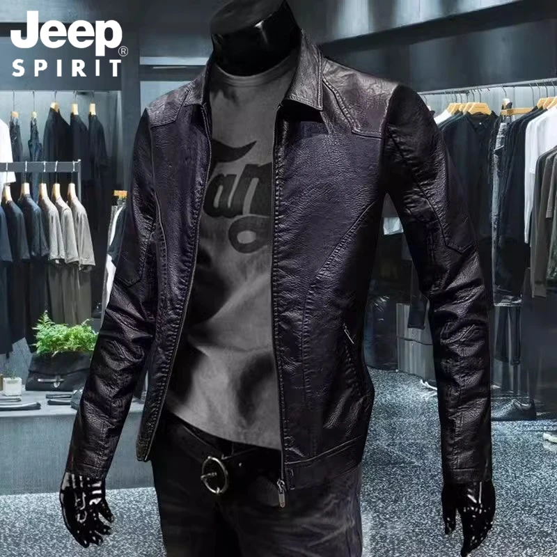 JEEP吉普春秋季皮衣男士2025秋冬季修身加绒机车服翻领皮夹克外套
