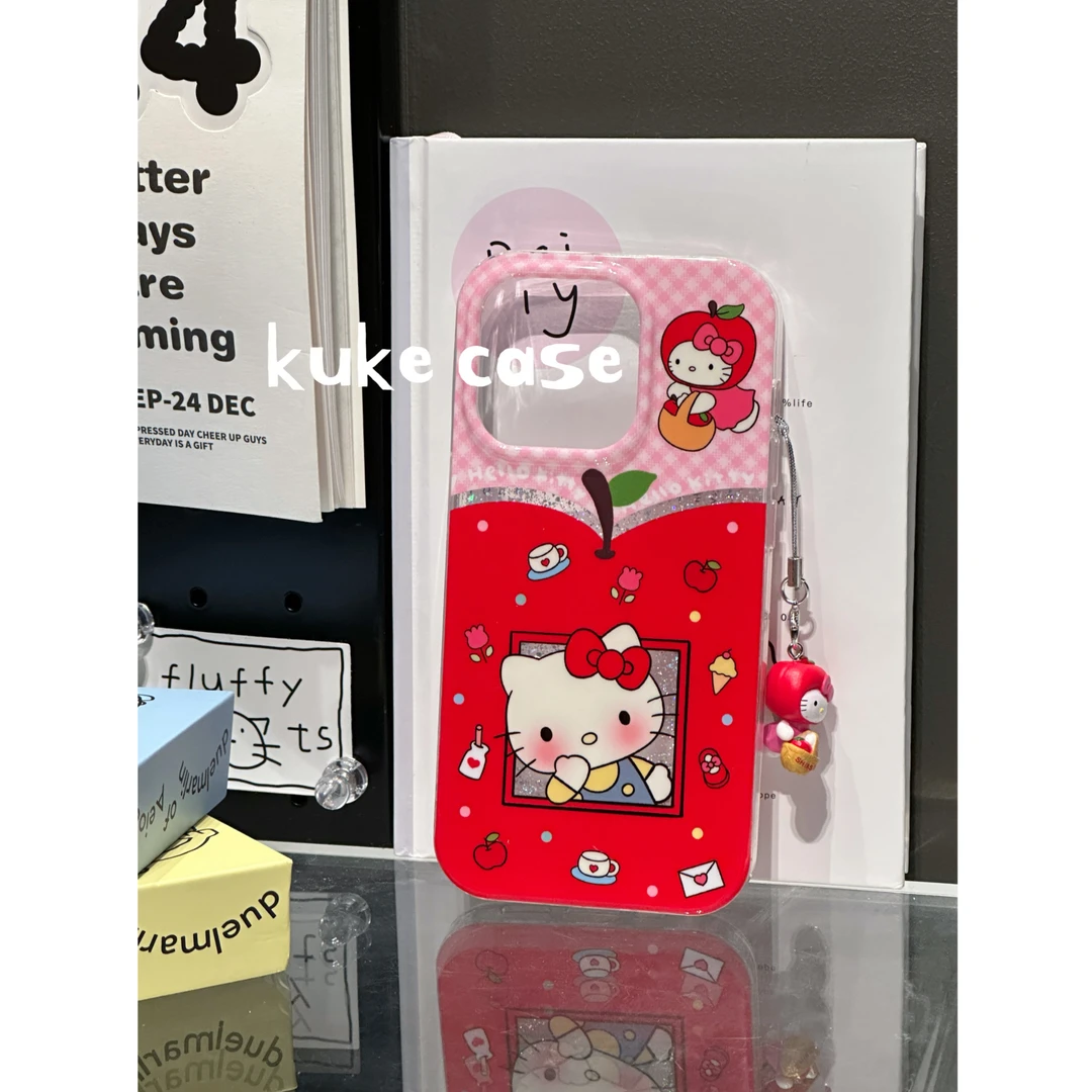 【适用苹果】ins可爱红色闪粉苹果Kitty双层亮面手机壳iPhone16