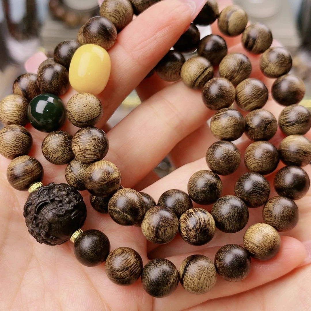 沉香手串M****r越南芽庄老白棋玉化老料满樱子瘤疤虎斑纹