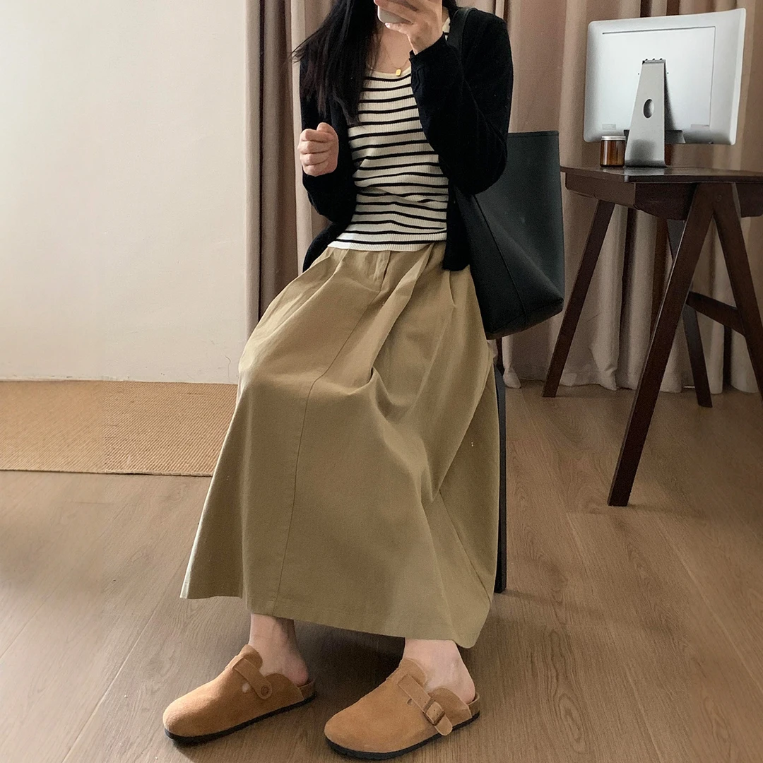 卡其色工装半身裙女秋季新款大码胖mm宽松显瘦中长款压褶a字伞裙