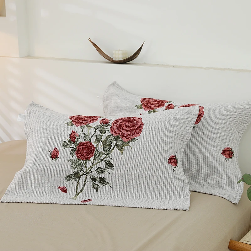 【京かわ会社】一对装纱布枕巾 加厚透气柔软枕头巾 玫瑰花卉