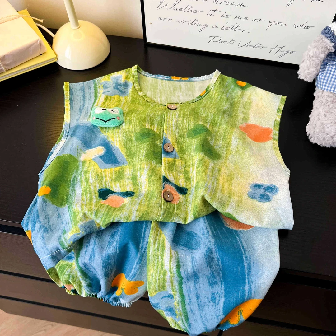 儿童夏季新款玩偶背心套装男女宝可爱五分裤两件套印花无袖薄款潮