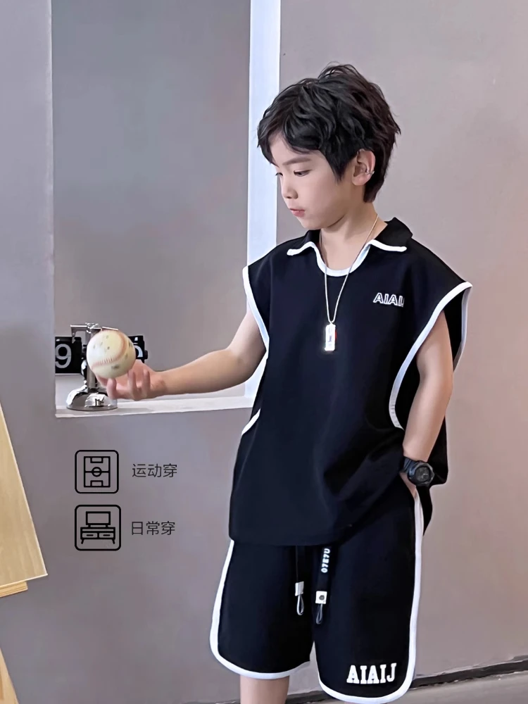 男童夏装炸街套装儿童痞帅设计感运动背心套装男孩中大童两件套潮