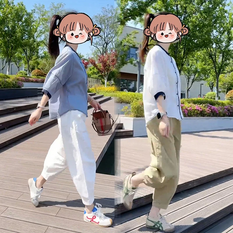 时尚气质夏装新款宽松显瘦防晒衬衫休闲九分裤百搭洋气女装两件套
