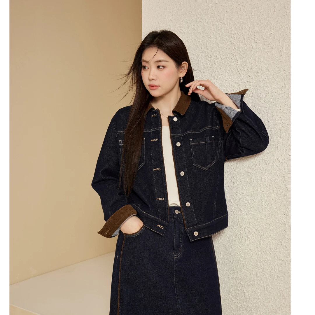 【复古深蓝色撞色】纤莉秀E秋装大码女装设计感薄绒牛仔外套QK3395