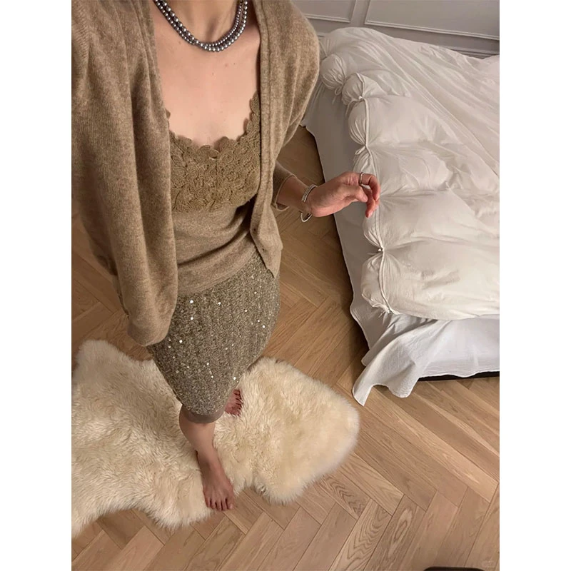 韩版设计感复古风修身显瘦百搭内搭时尚开衫上衣高腰半身裙套装女