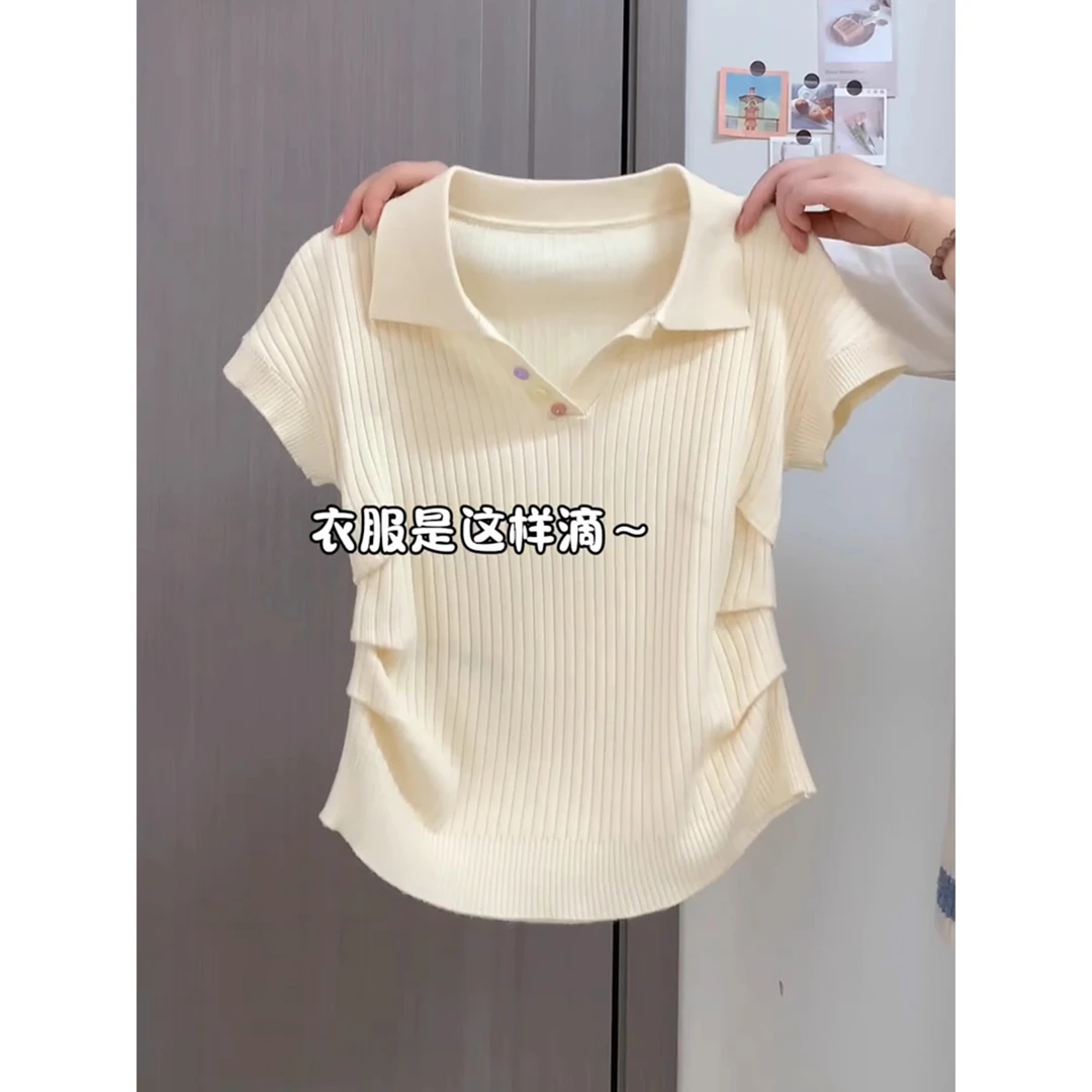 正肩短袖2025夏季新款盐系小清新温柔短上衣女彩虹扣针织褶皱T恤
