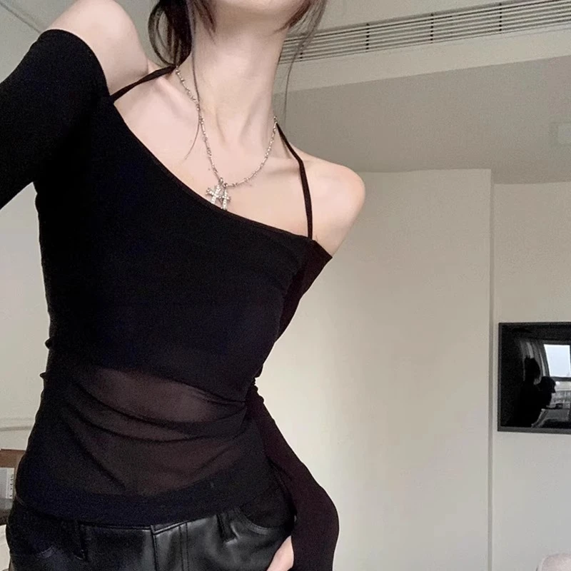 锁骨挂脖网纱一字肩长袖T恤女春秋高级感斜肩辣妹打底衫露肩上衣
