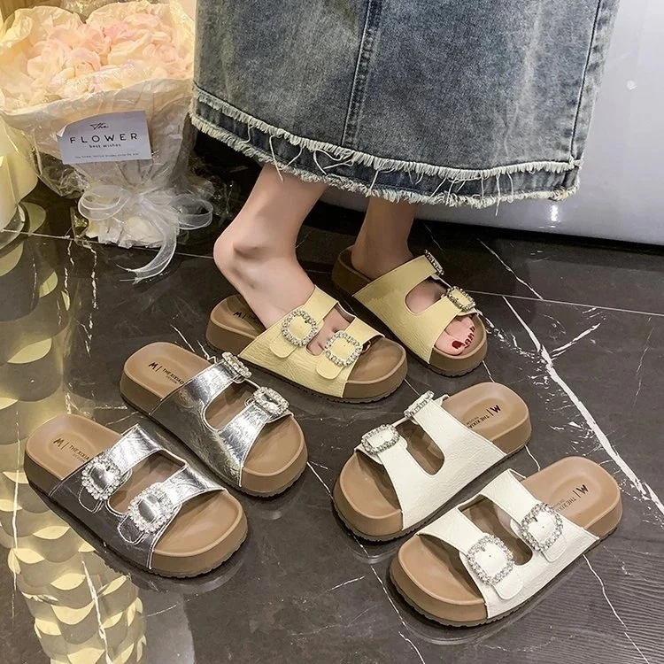 水钻一字拖修面皮夏季沙滩鞋韩版平底凉鞋厚底极简风网红名足