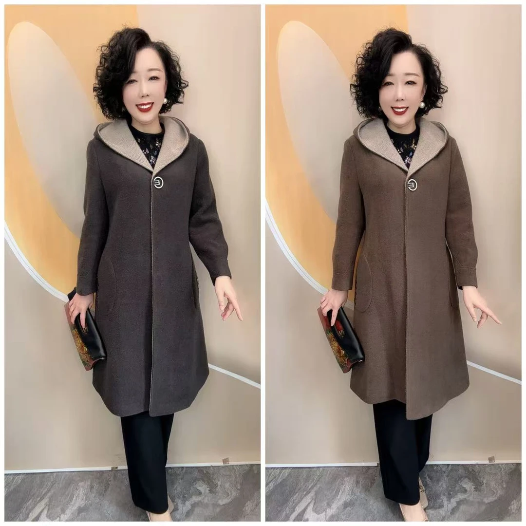 20新款优雅妈妈纯色加衬时尚宽松大码厚大衣外套，102衣长