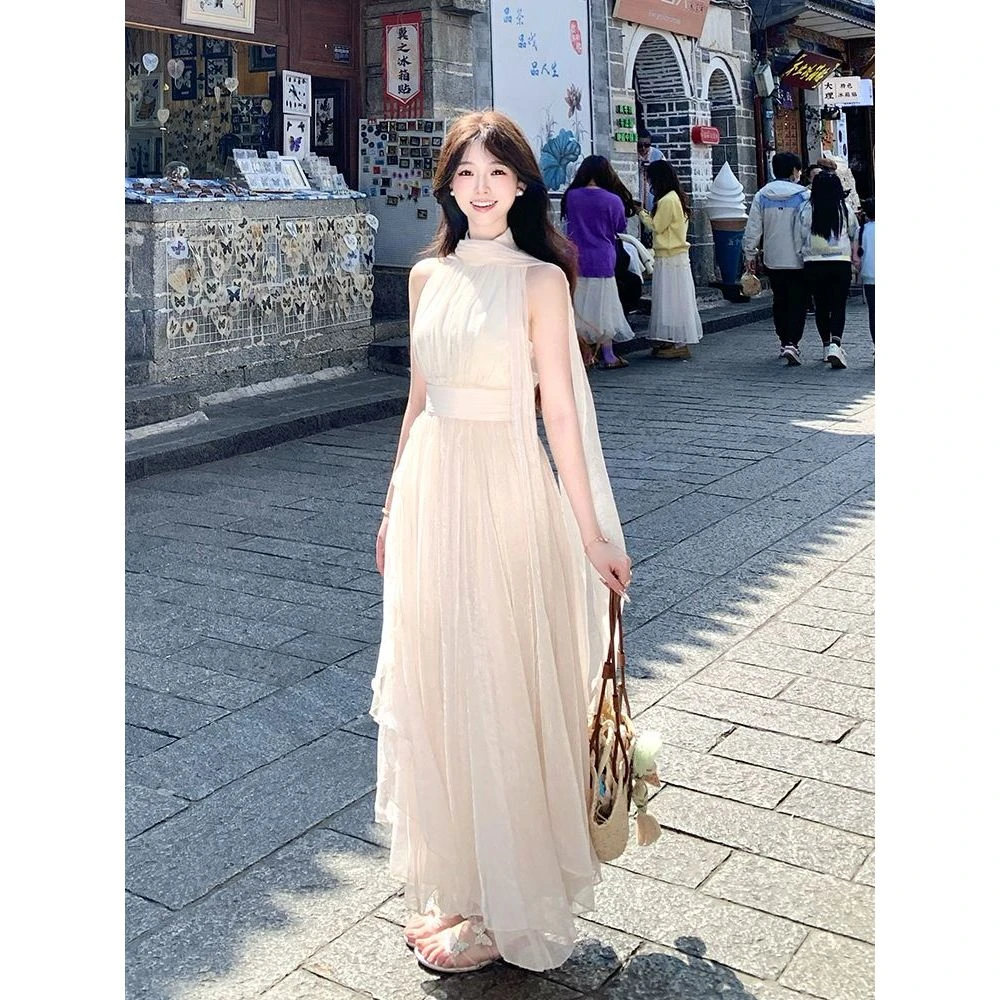 月光女神法式气质飘带无袖连衣裙高级感长裙夏季新款白月光长裙