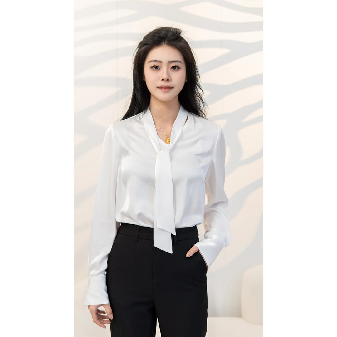 DANLUE/丹略V领常规通勤衬衣女士白衬衫女装法式休闲风系带领衬衫