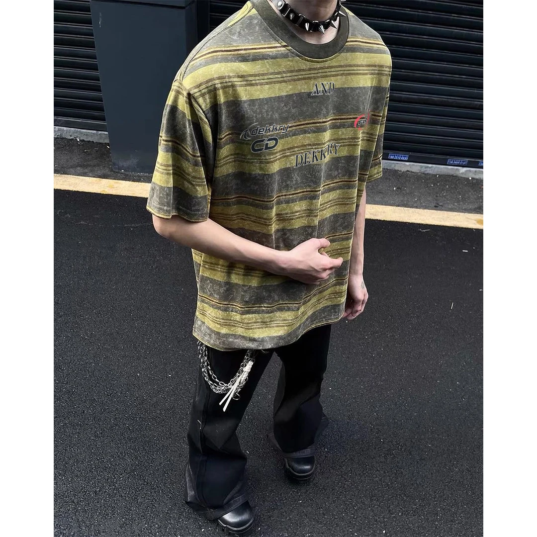 美式ins高街水洗条纹纯棉短袖T恤男女款小众设计感宽松百搭上衣服