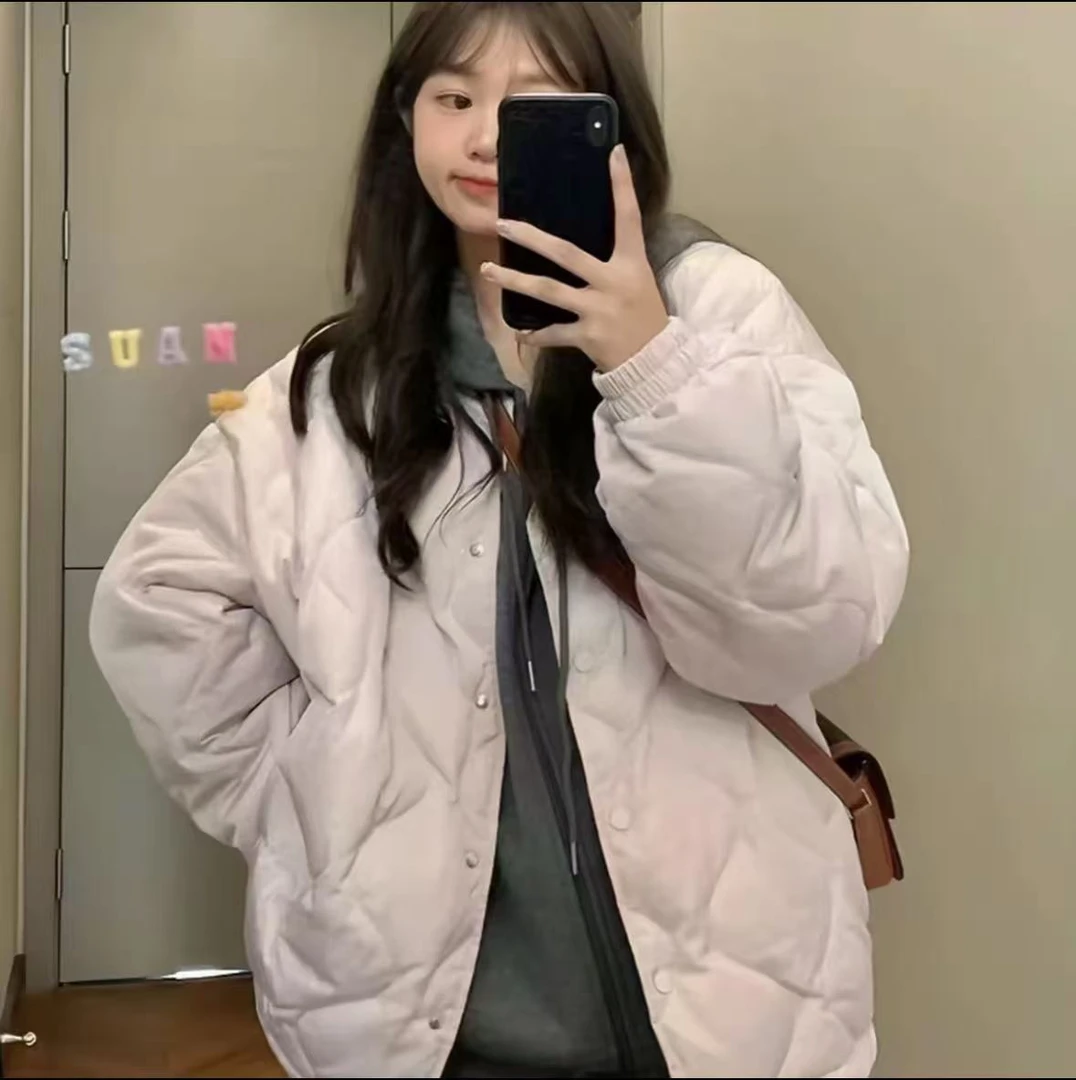 韩版宽松型纯色女棉服韩系拼色领棉衣宽松圆领复古