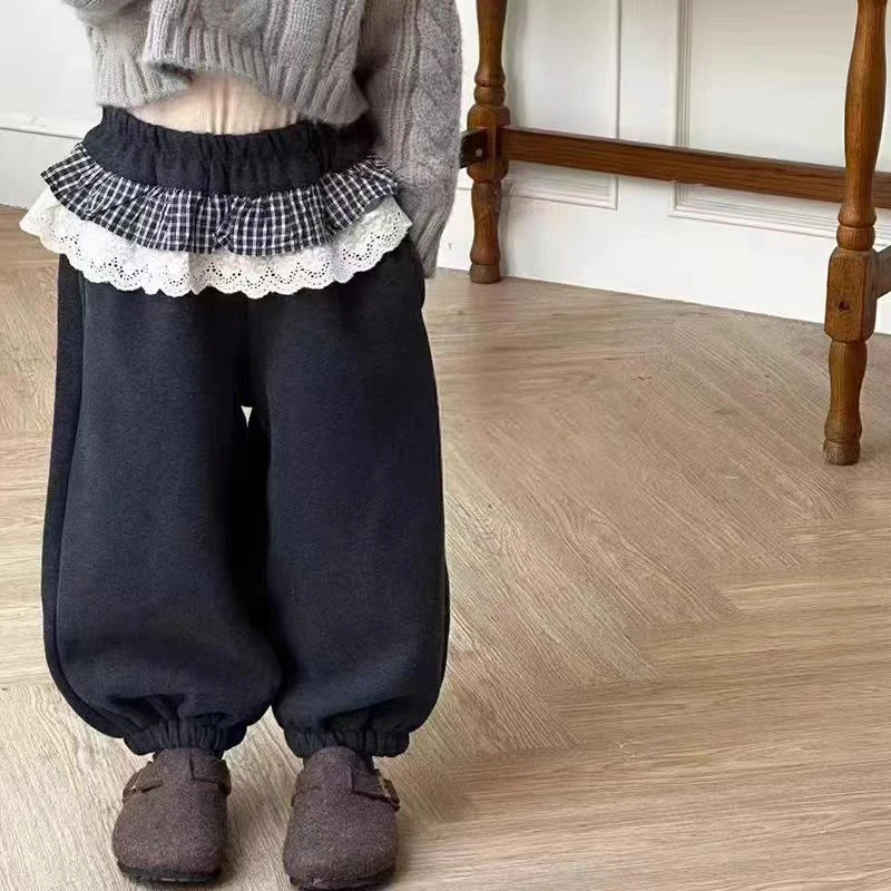 女童深秋冬季加绒卫裤中小童2025韩系复古冬款百搭格子花边束脚裤