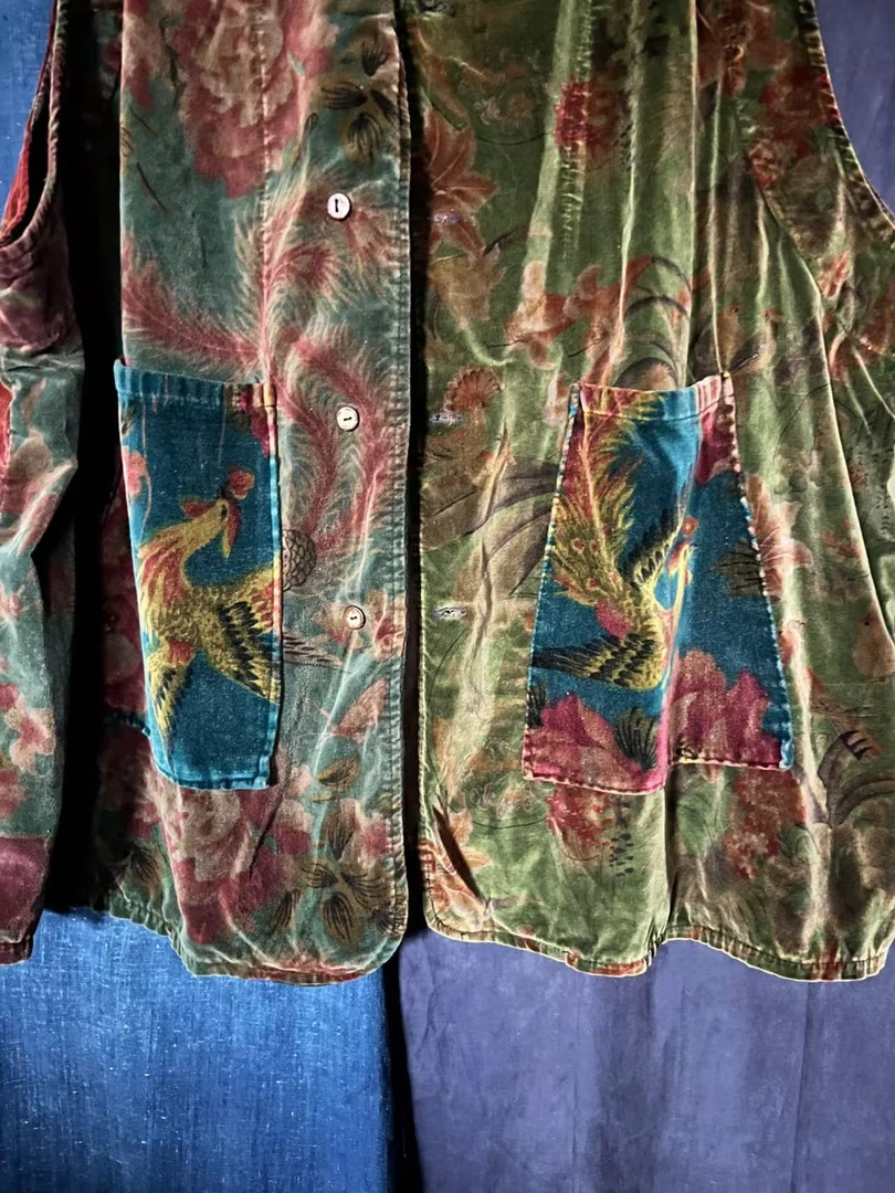 古布老料修身型宽松型单排木扣马夹迷彩双层复古开衫