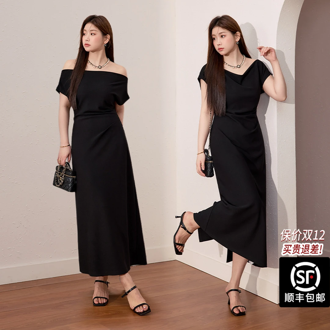 蓝语大码女装重要场合气质黑色连衣裙夏季新款收腰巨显瘦a字长裙