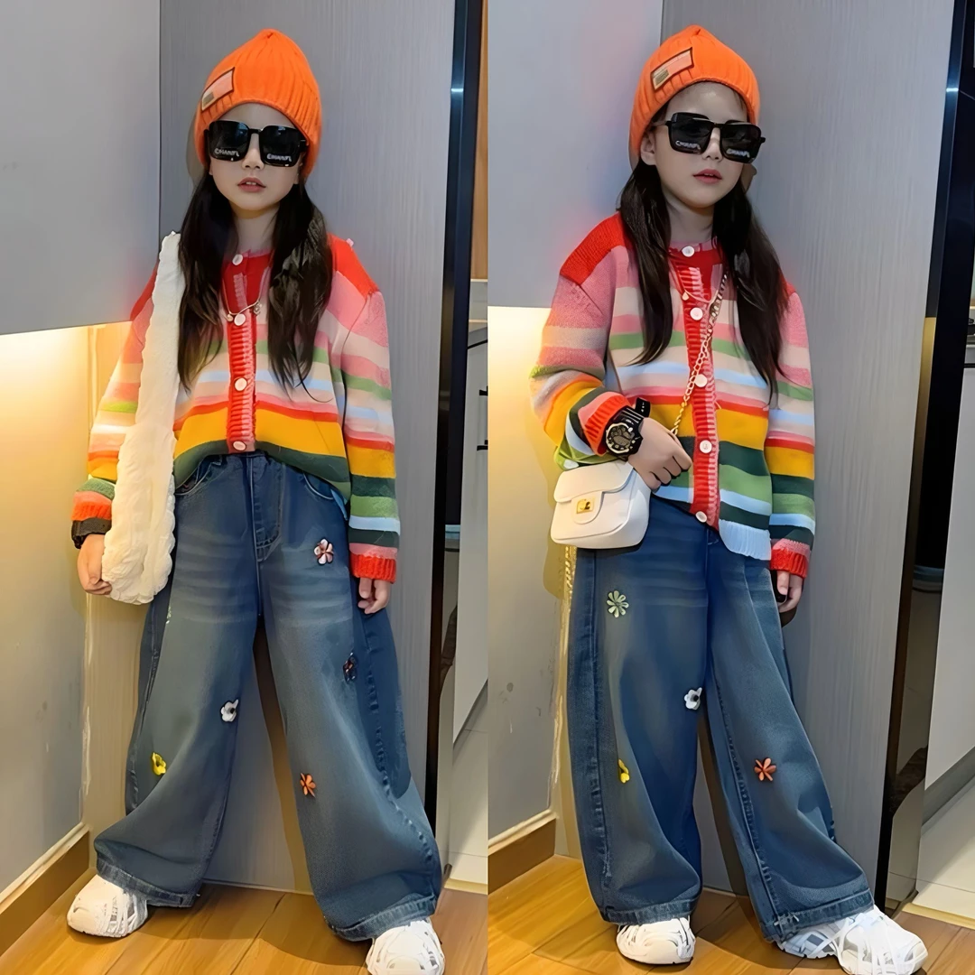 女童秋装套装中大童洋气时尚女孩彩虹毛衣针织衫牛仔阔腿裤两件套