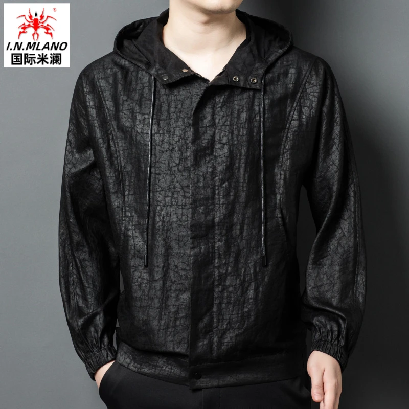 【香云纱夹克】100%桑蚕丝高档真丝龟裂纹男士连帽宽松大码外套薄款