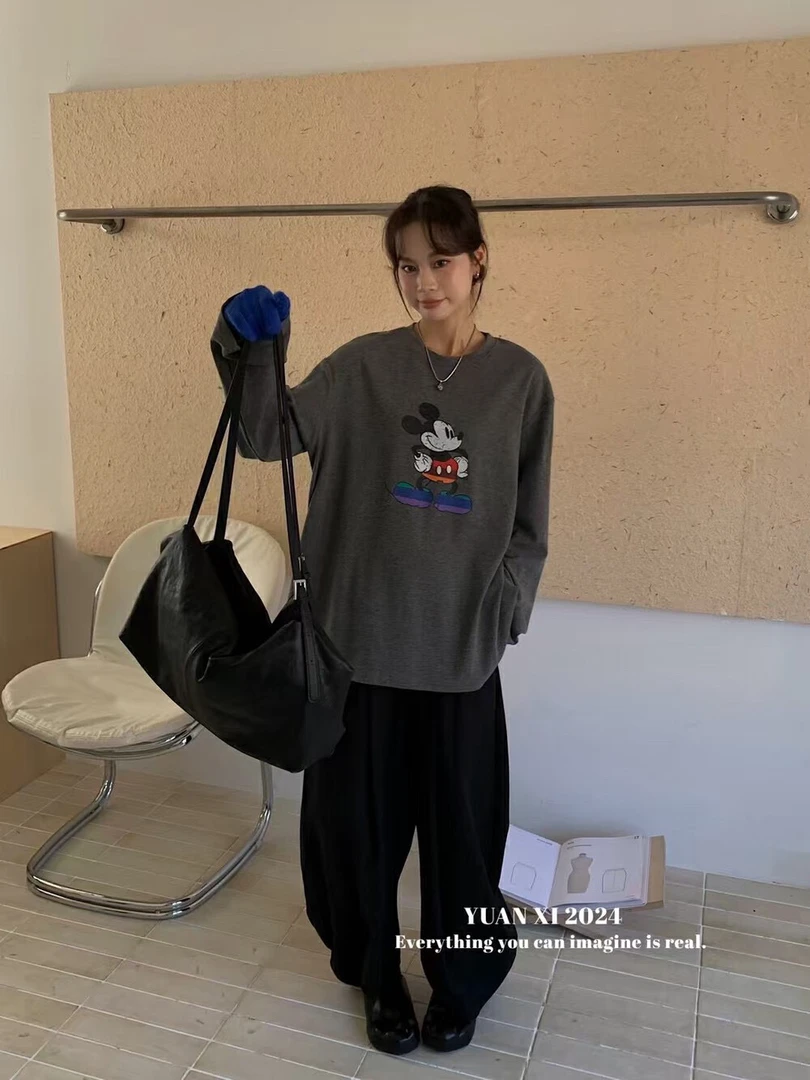 软糯内搭宽松印花米奇圆领复古慵懒风长袖T恤女上衣潮棉