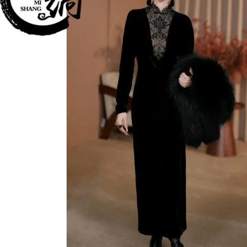 金丝绒长袖连衣裙女2024新款春秋高端奢华气质改良旗袍广州十三行